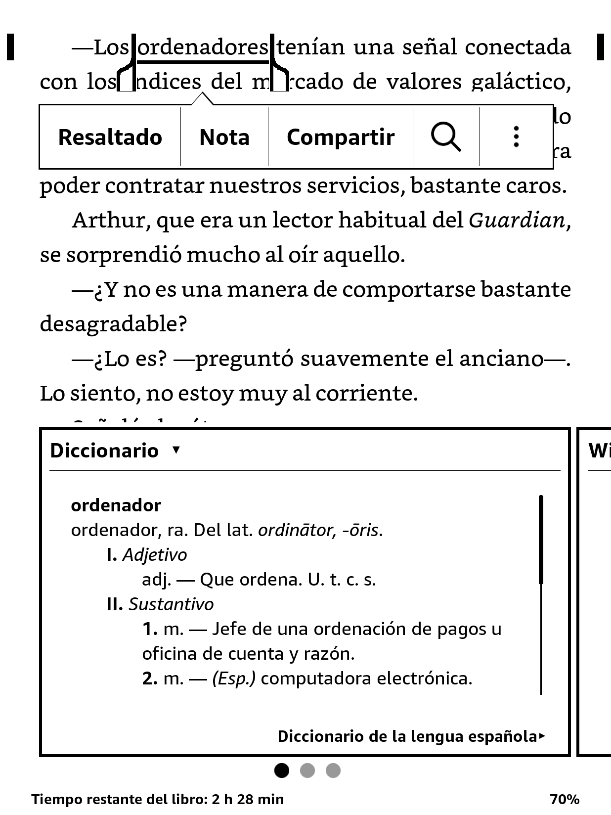 Standard Kindle Spanish dictionary result for ordenador